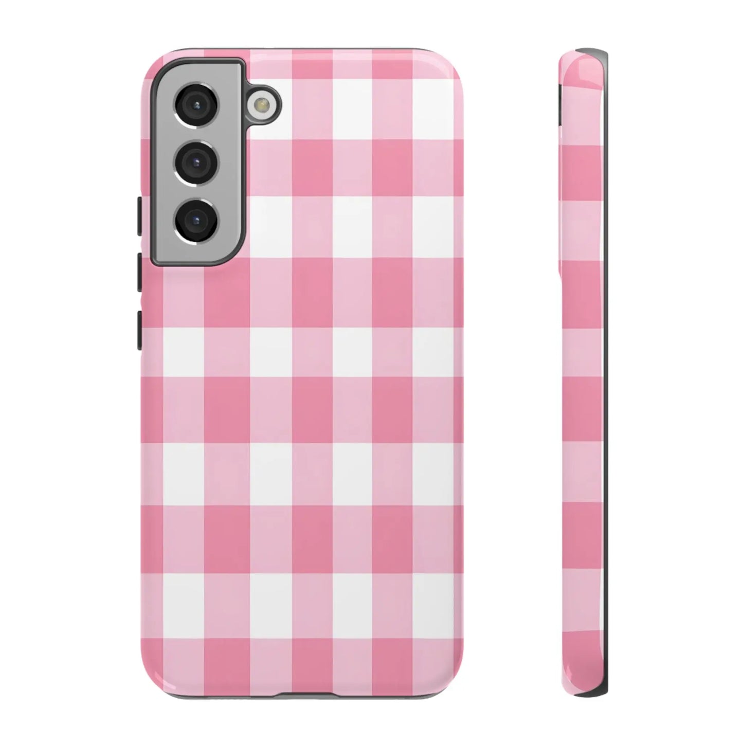 Pink gingham cute phone case cover featuring a pink and white gingham pattern for samsung galaxy s21 back side view