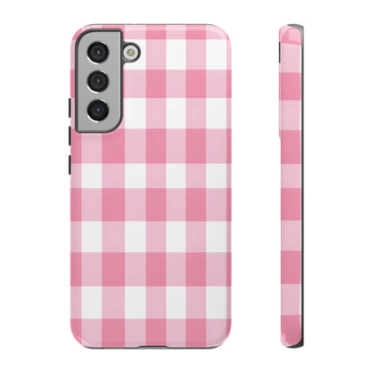 Pink gingham cute phone case cover featuring a pink and white gingham pattern for samsung galaxy s21 back side view