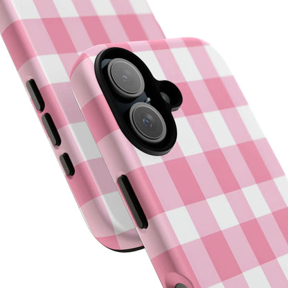 Back view of pink gingham cute phone case cover with white pattern and black camera cutout for stylish tech lovers