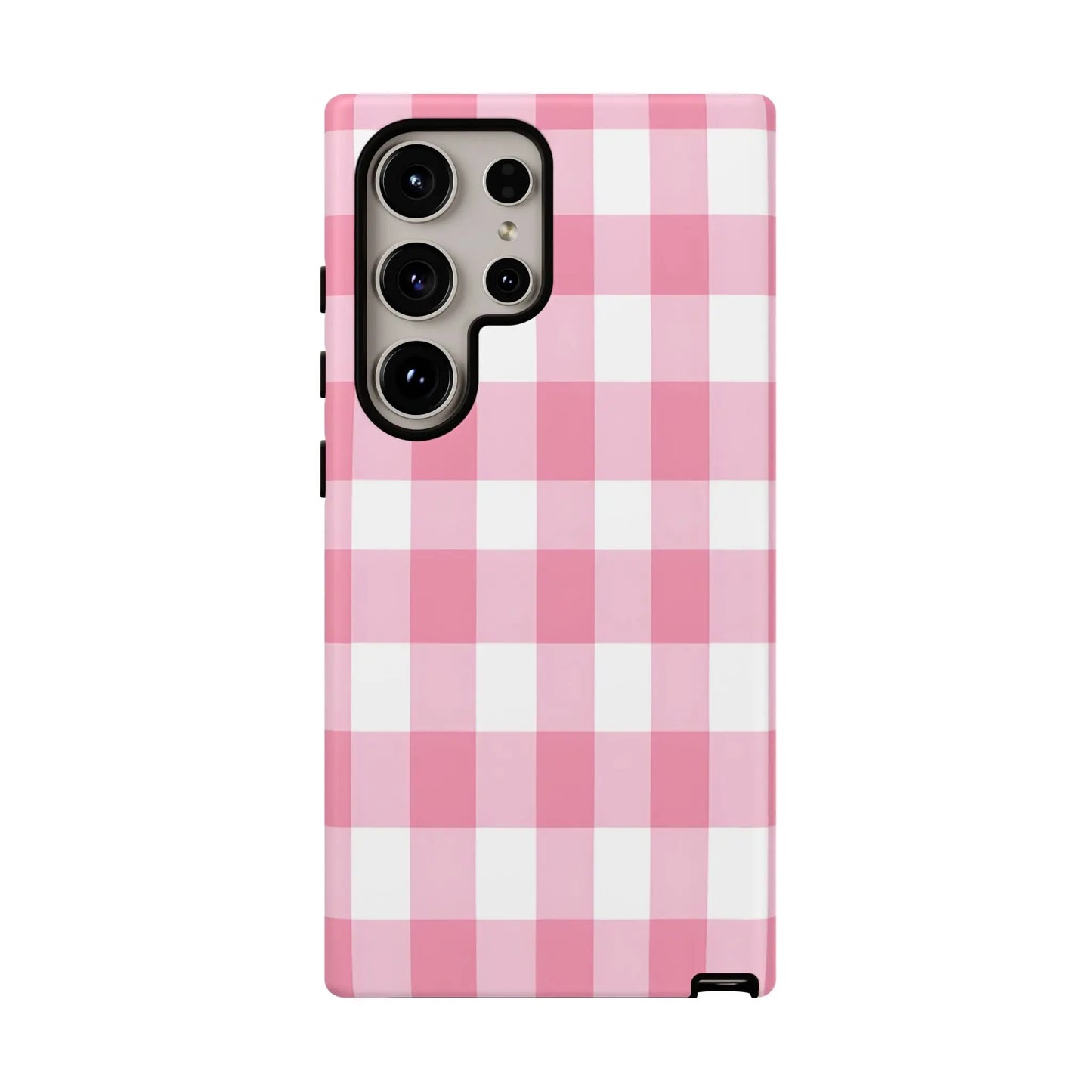 Back view of a pink gingham cute phone case cover for samsung galaxy s21 ultra perfect gift for her and fashion lovers