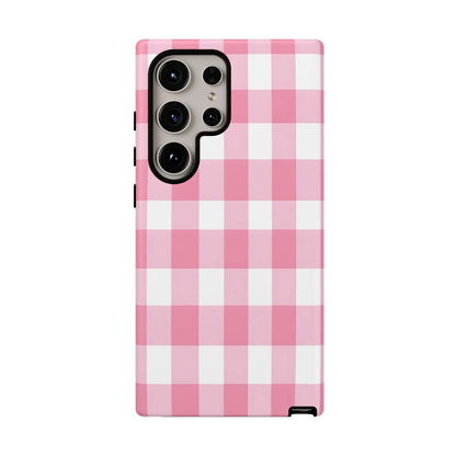 Back view of a pink gingham cute phone case cover for samsung galaxy s21 ultra perfect gift for her and fashion lovers