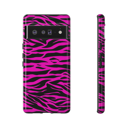 Vibrant pink and black zebra-print tough phone case with glossy finish showing the back side of the phone case