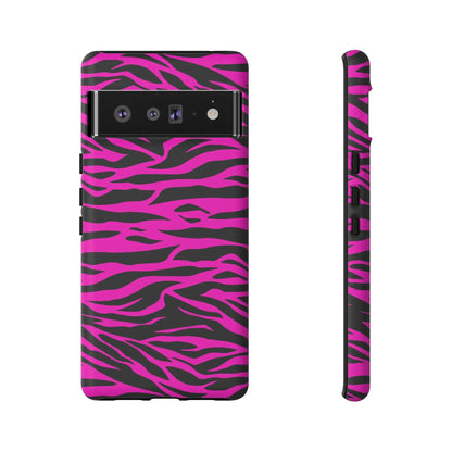 Vibrant pink and black zebra-print tough phone case with a sleek protective design shown from the back side