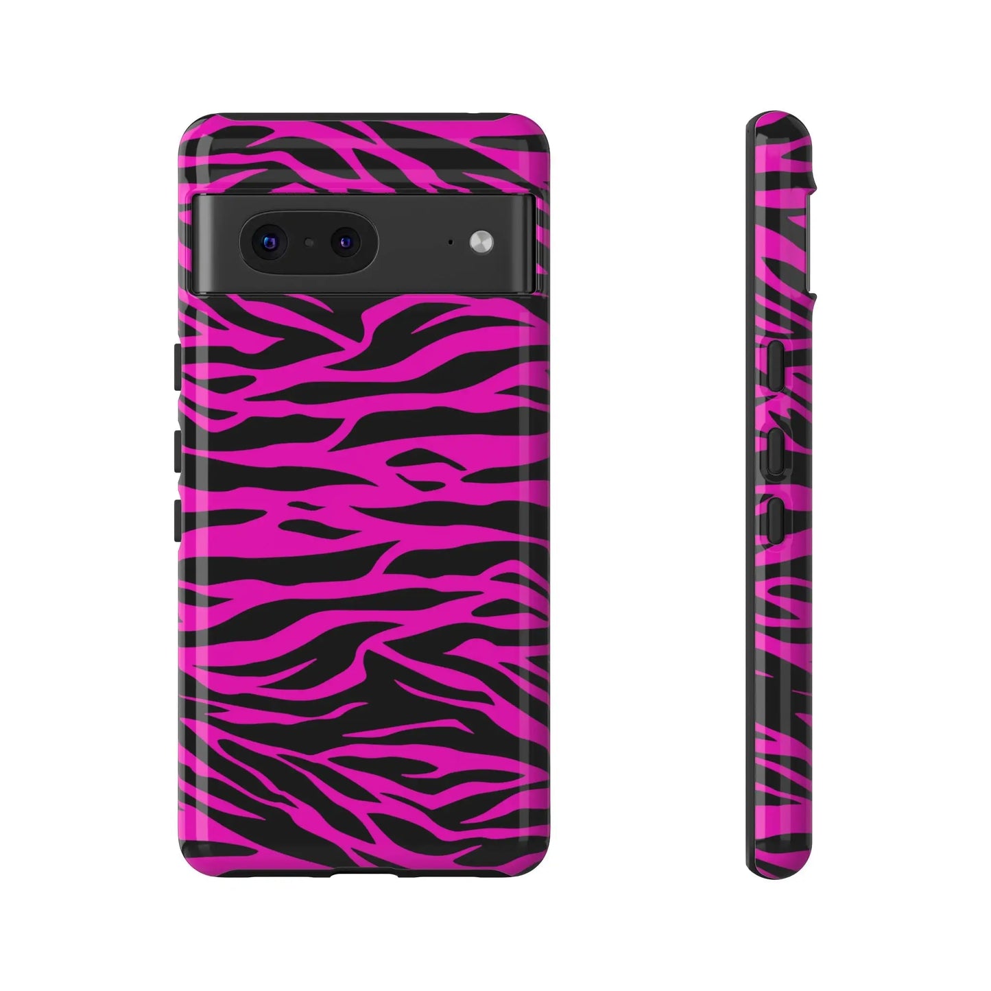 Vibrant pink and black zebra print tough phone case with glossy finish showing the back side of the phone case