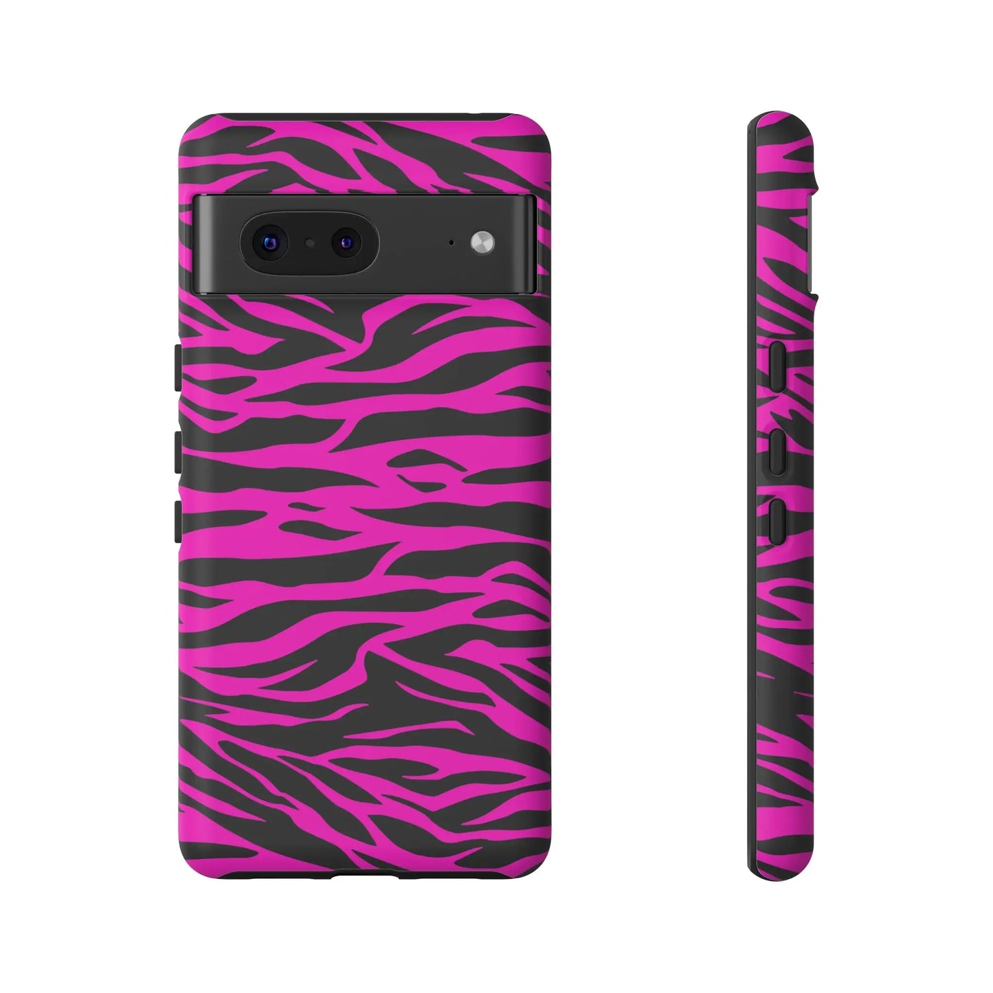 Vibrant pink and black zebra-print tough phone case showing back side with a sleek protective design