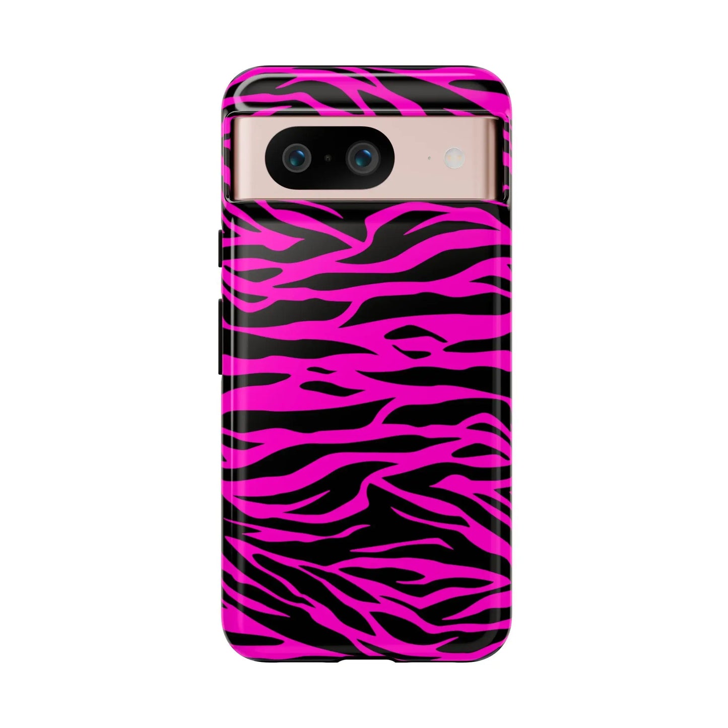 Back side of a vibrant pink and black zebra-striped tough phone case designed for durability and style