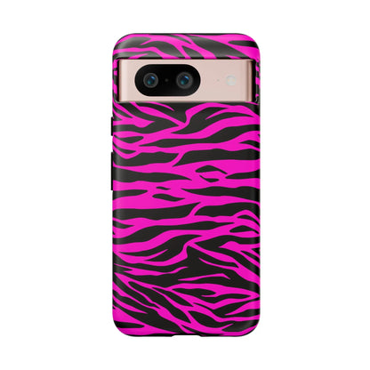 Back of a vibrant pink and black zebra-striped tough phone case with a glossy finish for durable protection