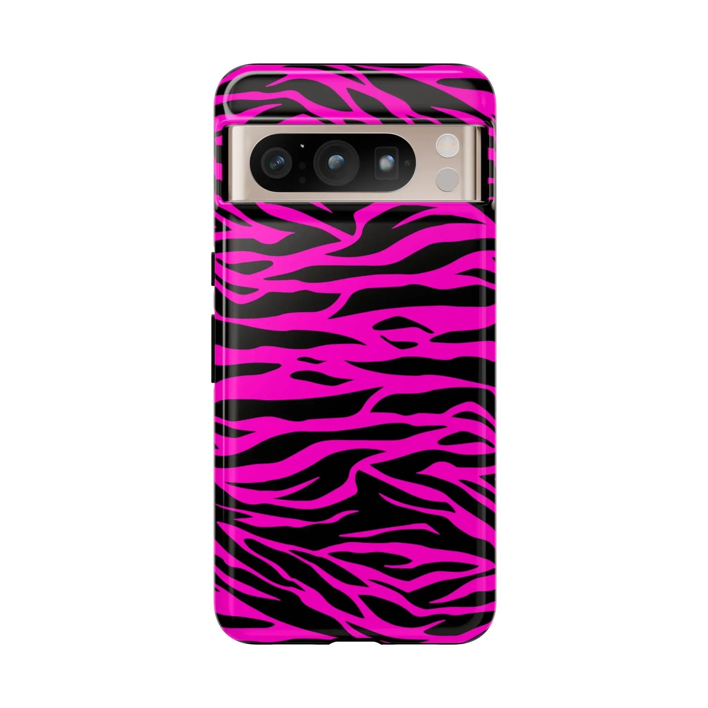 Back of a vibrant pink and black zebra-striped tough phone case with a glossy finish for tough phone protection