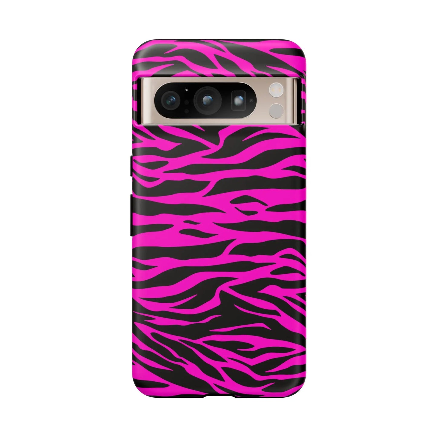 Vibrant pink and black zebra-striped tough phone case showing the back side with durable protective design