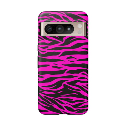 Vibrant pink and black zebra-striped tough phone case showing the back side with durable protective design