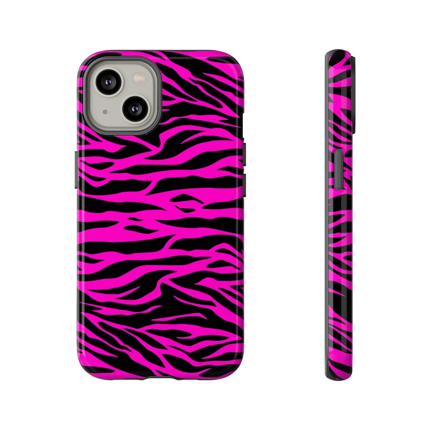 Back of a vibrant pink and black zebra-striped tough phone case with a glossy finish for durable protection
