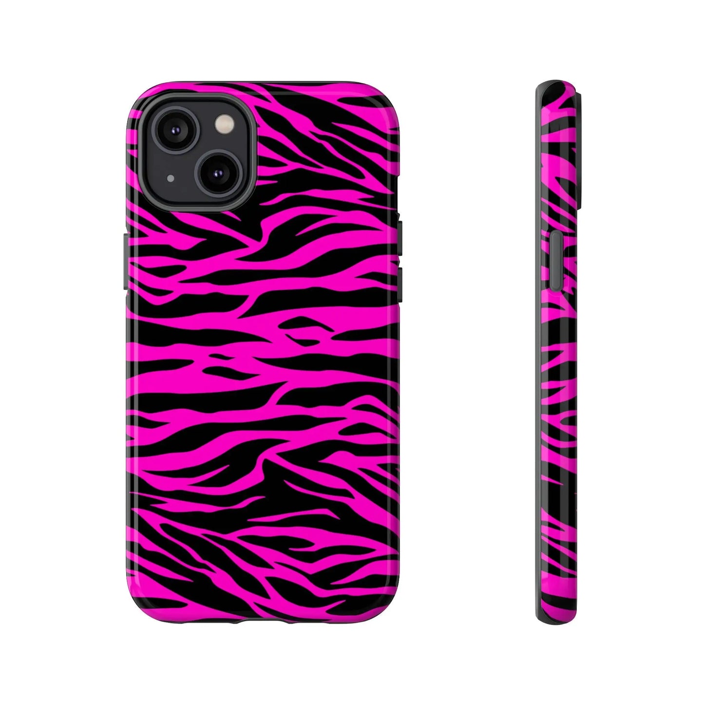 Vibrant pink and black zebra print tough phone case with glossy finish showing the back side of the phone case