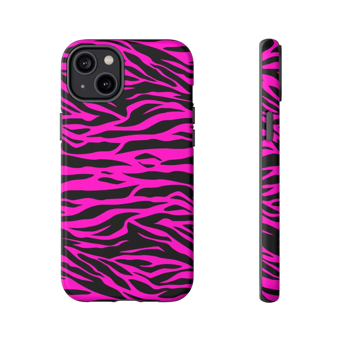 Back side of a vibrant pink and black zebra print tough phone case for iphone 13 designed for tough phone protection