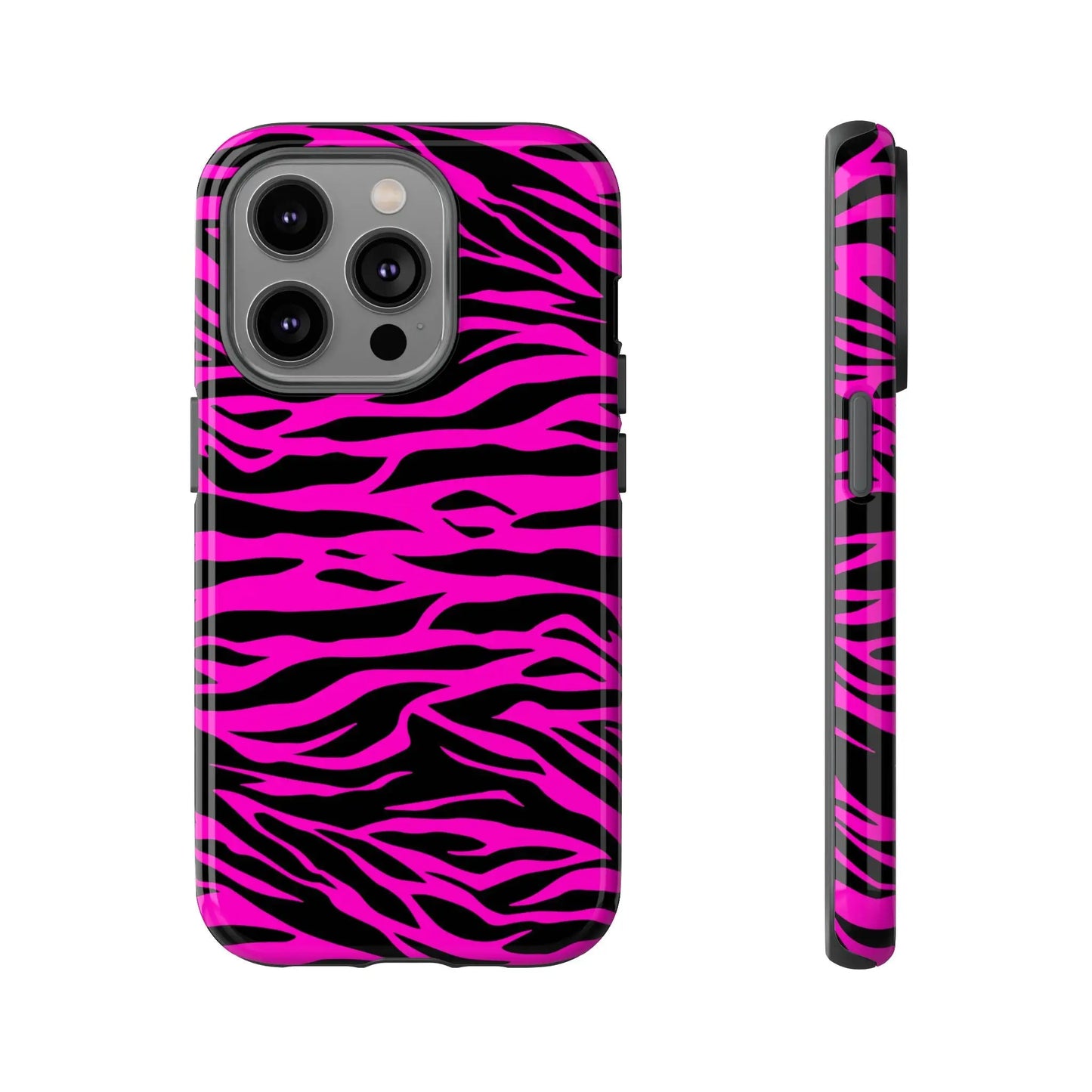 Back view of a vibrant pink and black zebra-striped tough phone case with a glossy finish for durable protection