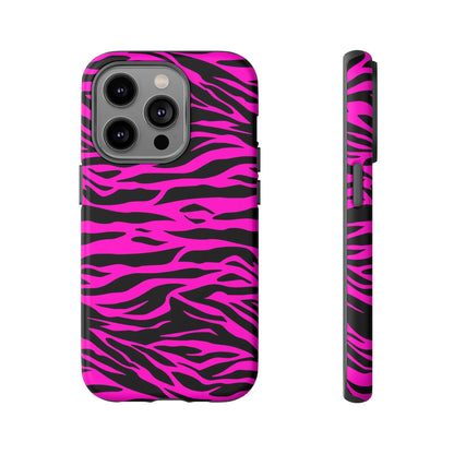 Back side of a vibrant pink and black zebra-striped tough phone case with a sleek protective design