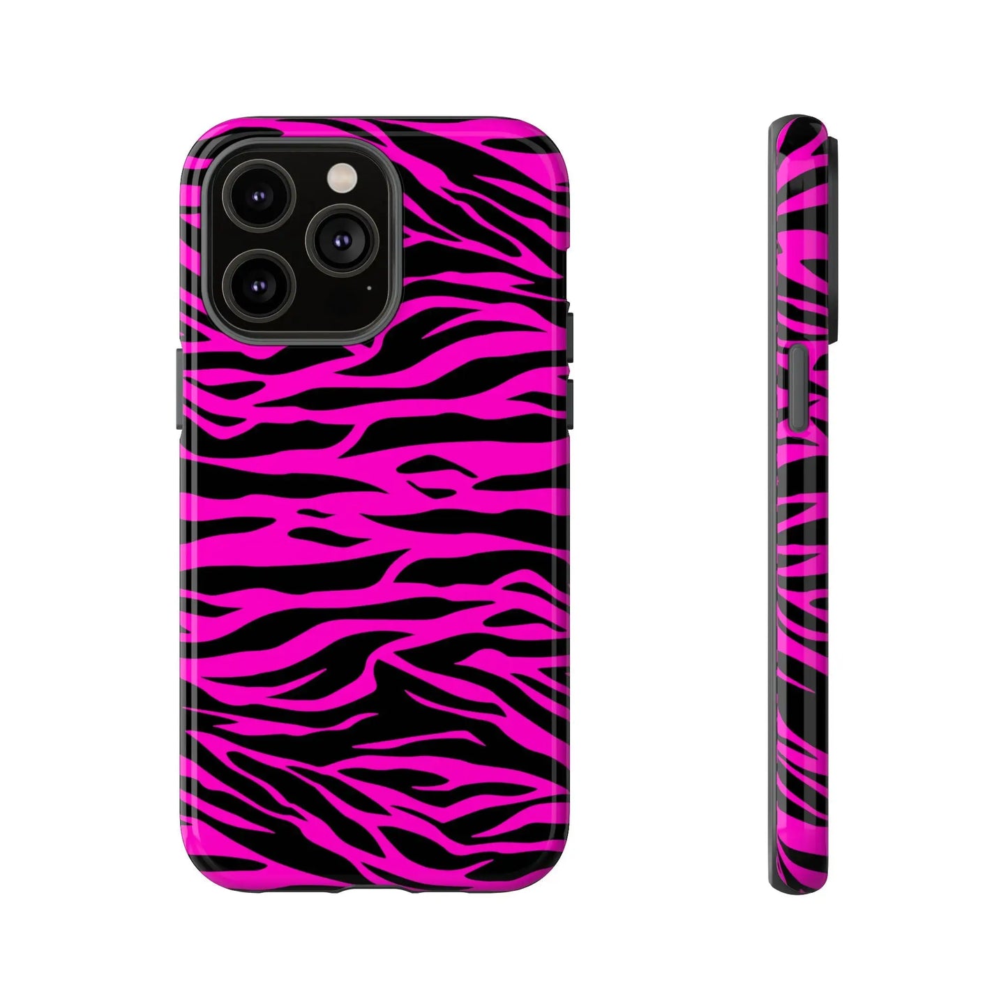 Back of a vibrant pink and black zebra-striped tough phone case with a glossy finish for durable phone protection