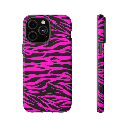 Vibrant pink and black zebra-striped tough phone case with a sleek protective design shown from the back side