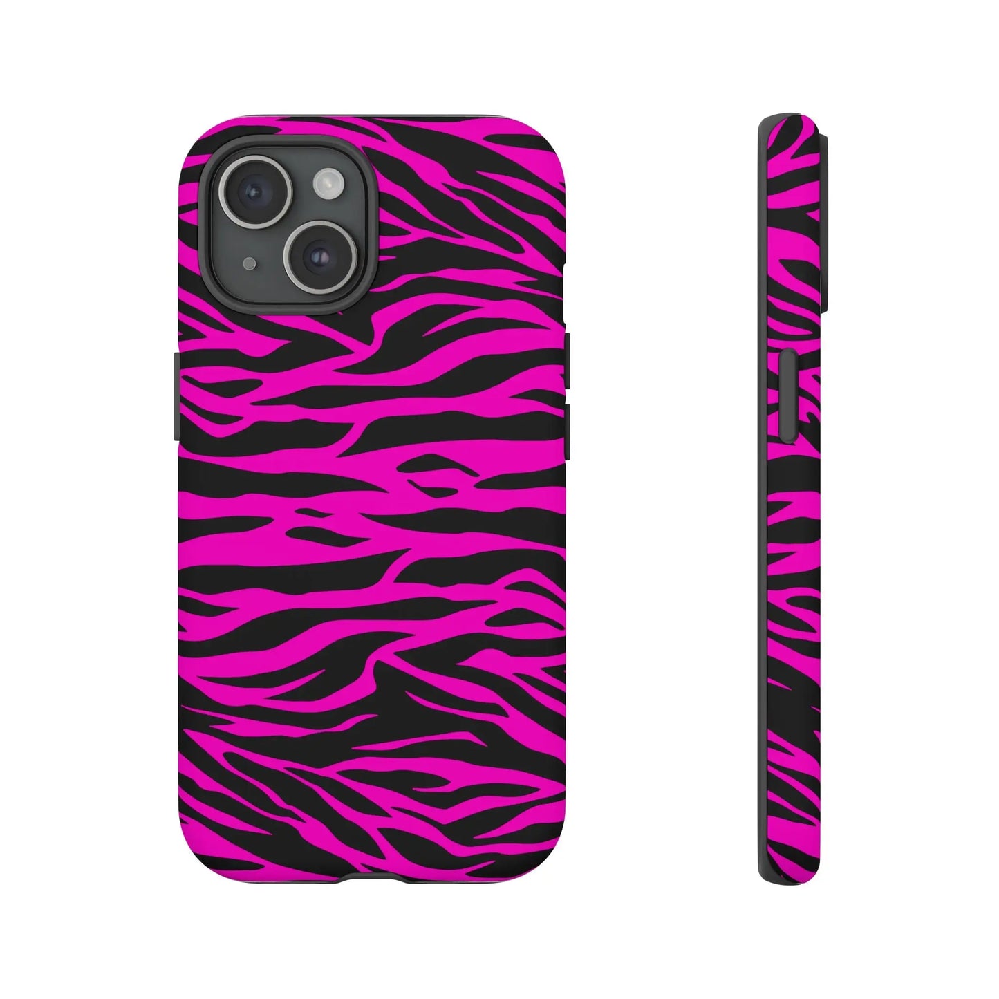 Vibrant pink and black zebra-striped tough phone case with sleek protective design shown from the back side