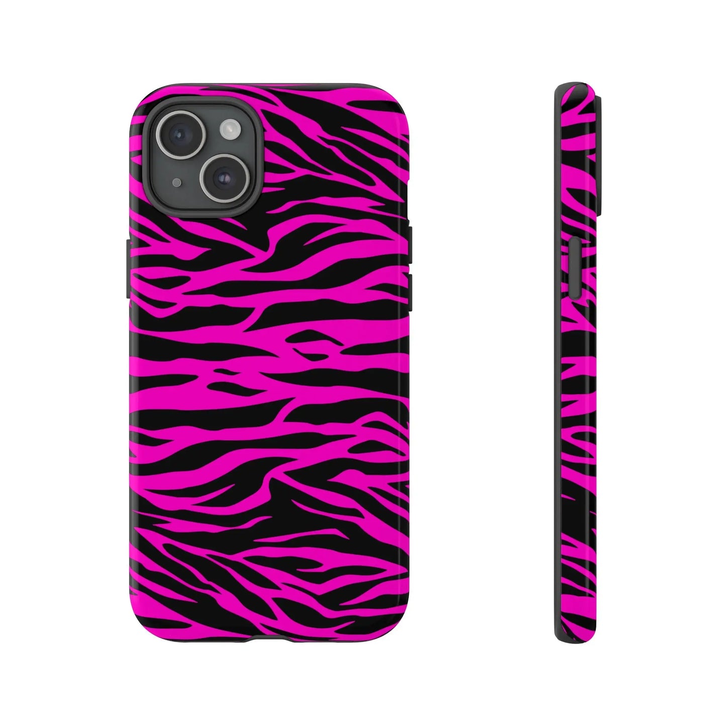 Back side of vibrant pink and black zebra-striped tough phone case with sleek protective design for tough phone use