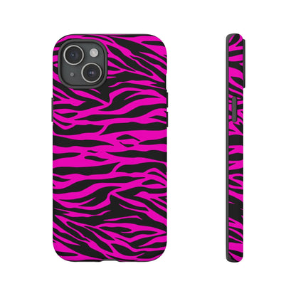 Vibrant pink and black zebra-striped tough phone case with sleek protective design shown from the back side