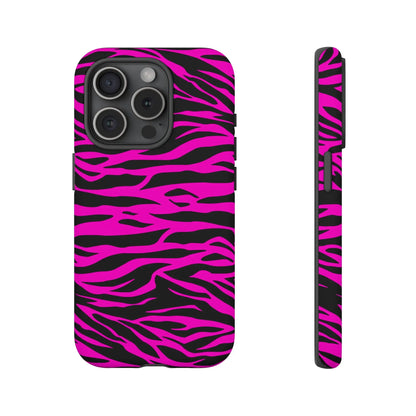 Back side of vibrant pink and black zebra striped tough phone case with a sleek protective design