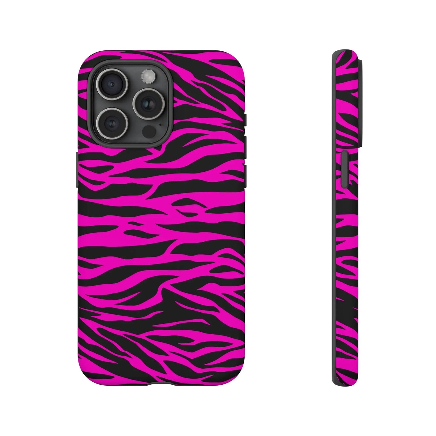 Vibrant pink and black zebra-striped tough phone case with a sleek protective design shown from the back side