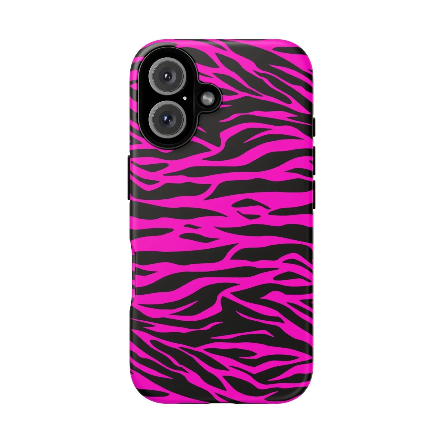 Back of a vibrant pink and black zebra-striped glossy tough phone case for durable phone protection