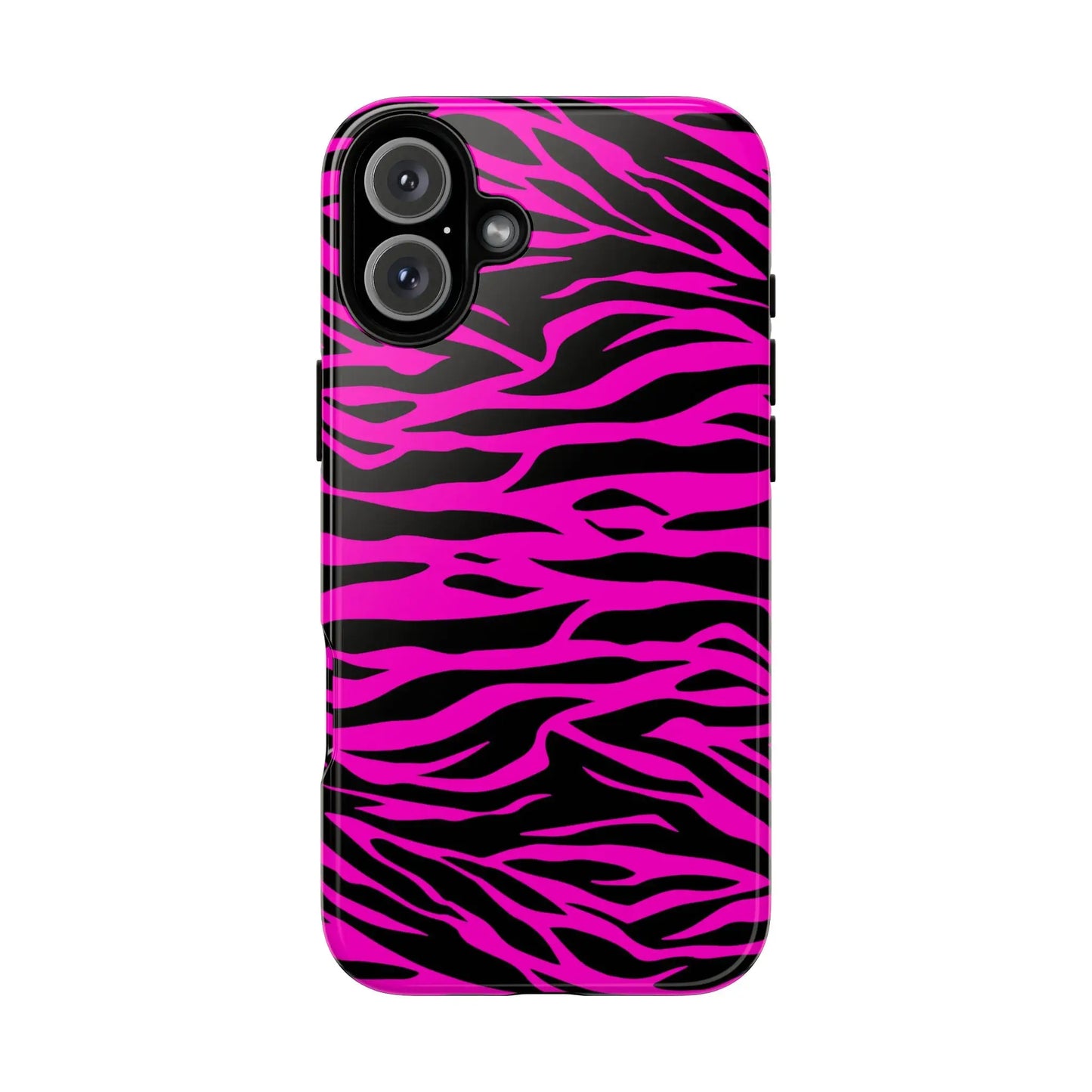 Vibrant pink and black zebra-striped tough phone case with a glossy finish showing the back side