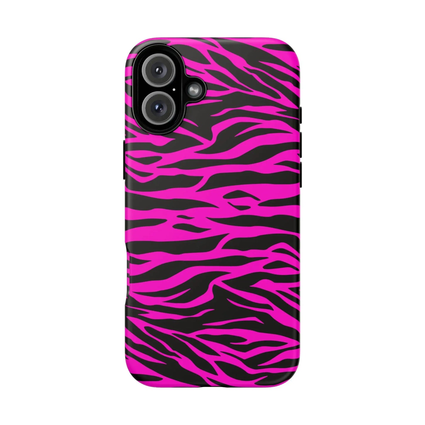 Vibrant pink and black zebra-striped tough phone case with glossy finish showing the back side of the phone case