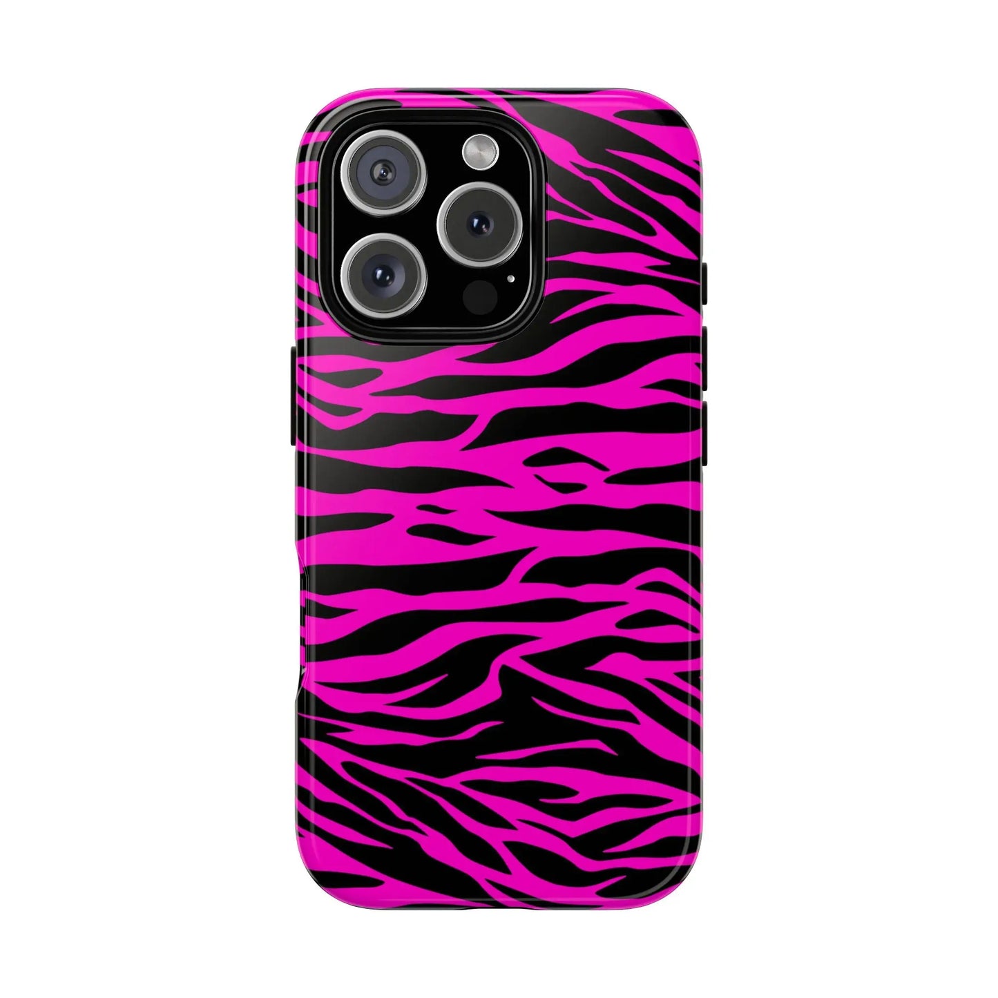 Back side of a vibrant pink and black zebra-striped tough phone case with a glossy finish for tough phone protection