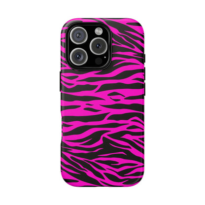Back of vibrant pink and black zebra-striped tough phone case with sleek protective design for tough phone use