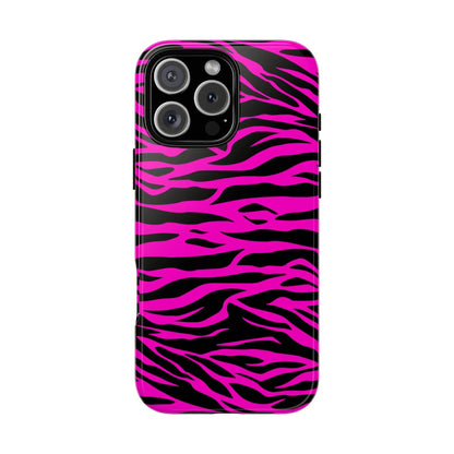 Back of a vibrant pink and black zebra-striped tough phone case for iphone 13 pro designed for durability