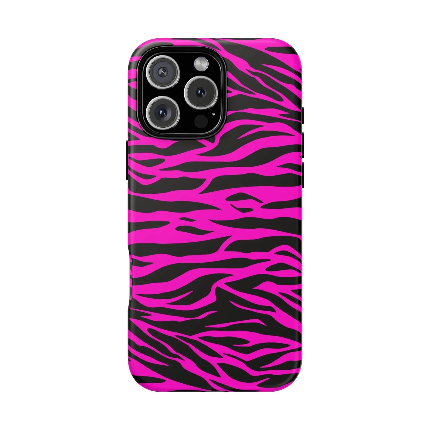 Vibrant pink and black zebra-striped tough phone case with glossy finish shown from the back side