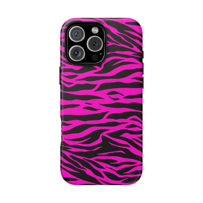 Vibrant pink and black zebra-striped tough phone case with glossy finish shown from the back side