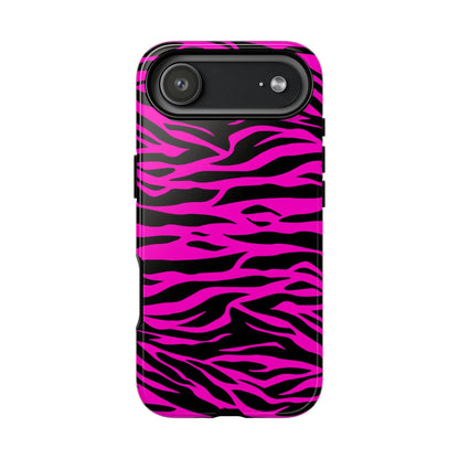 Back view of a vibrant pink and black zebra-striped tough phone case with a sleek protective design