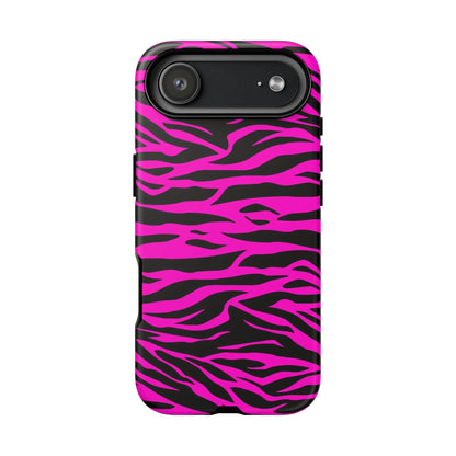 Vibrant pink tiger print tough phone case with black zebra stripes and a sleek protective design on the back side