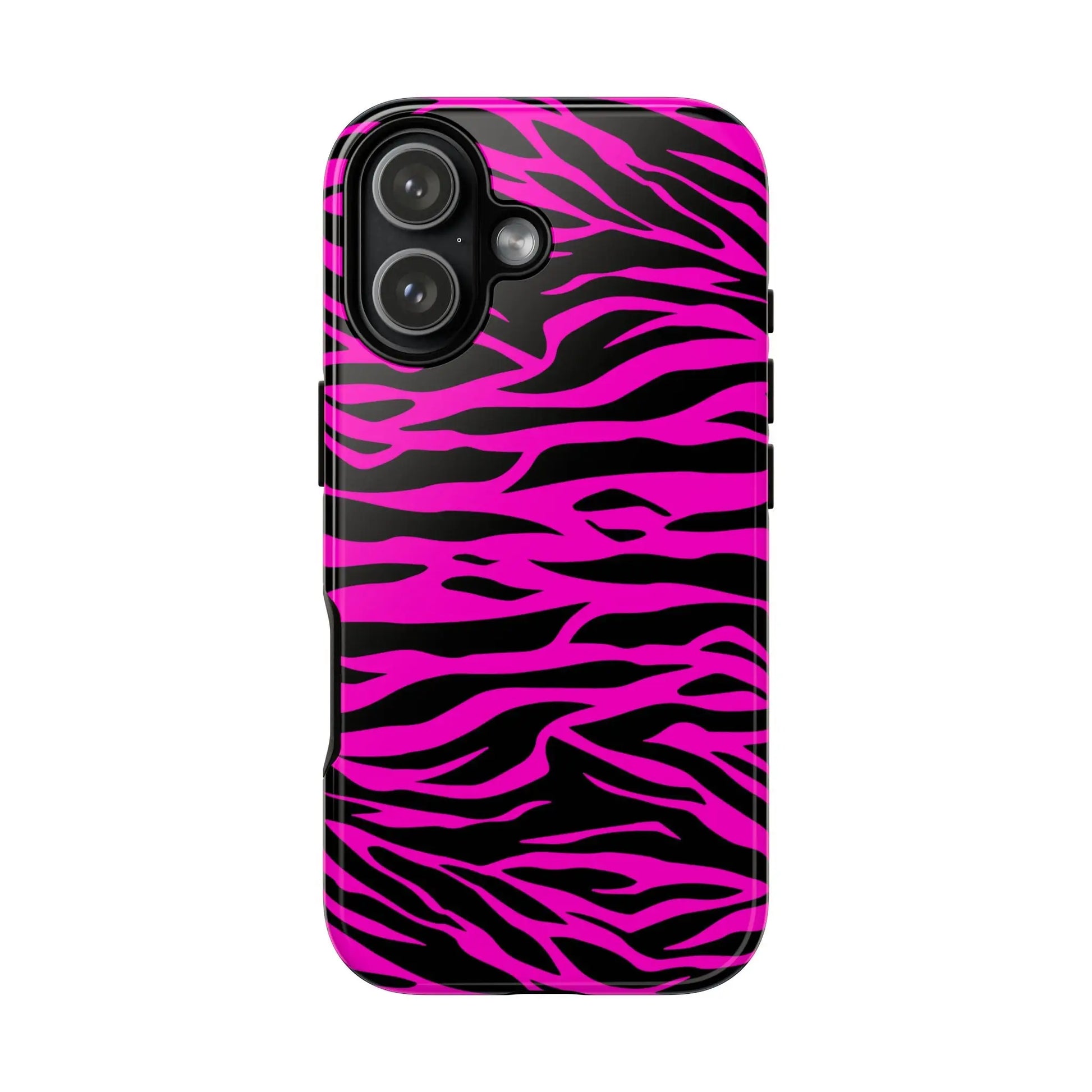 Vibrant pink and black zebra-striped tough phone case with glossy finish shown from the back side