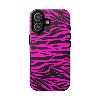 Vibrant pink and black zebra-striped tough phone case showing the back with a sleek protective design