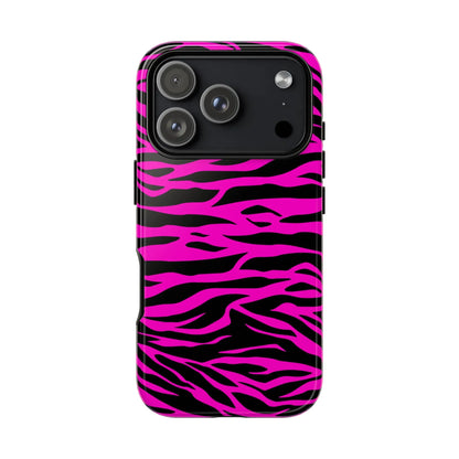 Back view of a vibrant pink and black zebra-striped tough phone case with glossy finish for tough phone protection