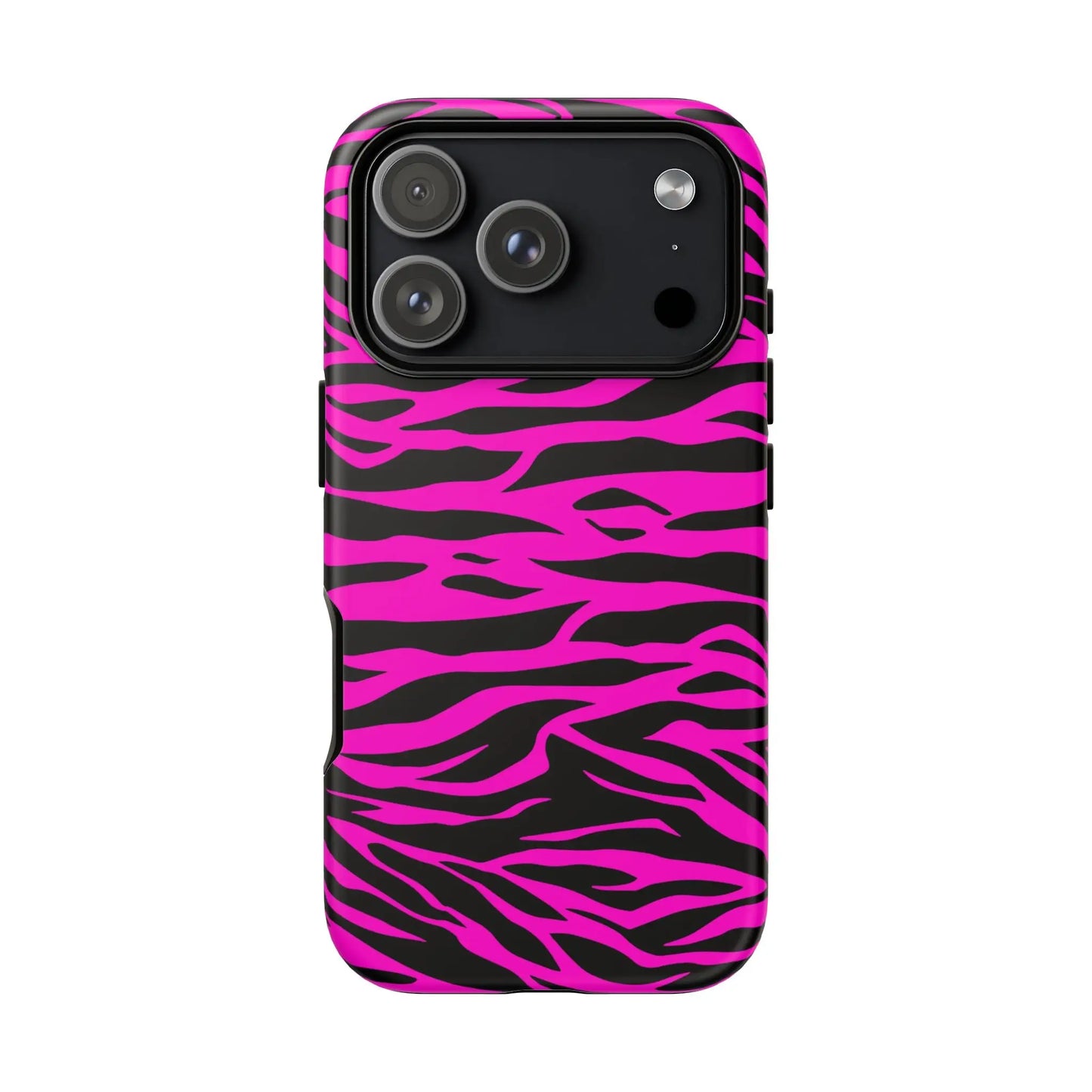 Back of vibrant pink and black zebra-striped tough phone case with a sleek protective design for tough phone use