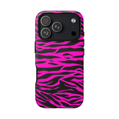 Back of vibrant pink and black zebra-striped tough phone case with a sleek protective design for tough phone use