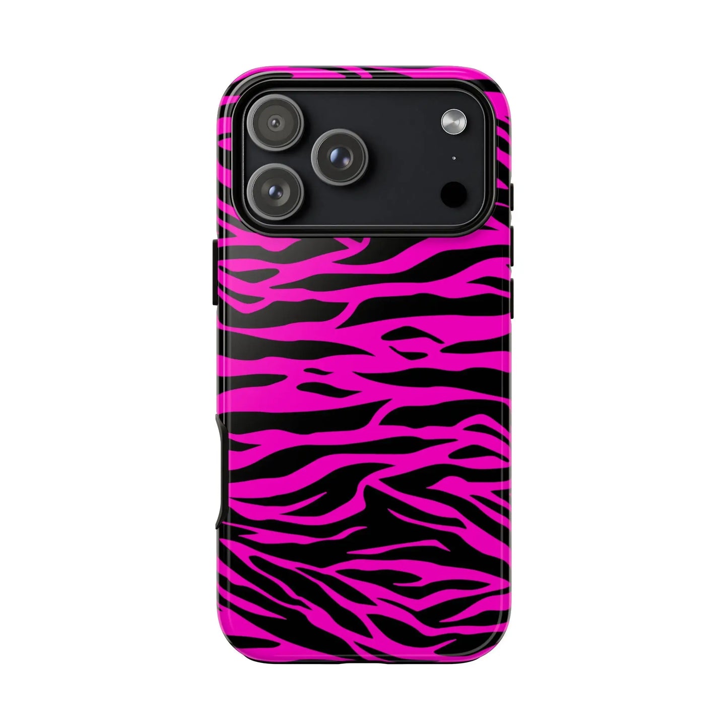 Back of a vibrant pink and black zebra-striped tough phone case with a glossy finish for durable phone protection