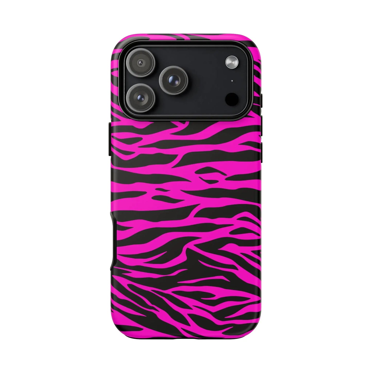 Back of vibrant pink and black zebra-striped phone case with a sleek protective design perfect for a tough phone case