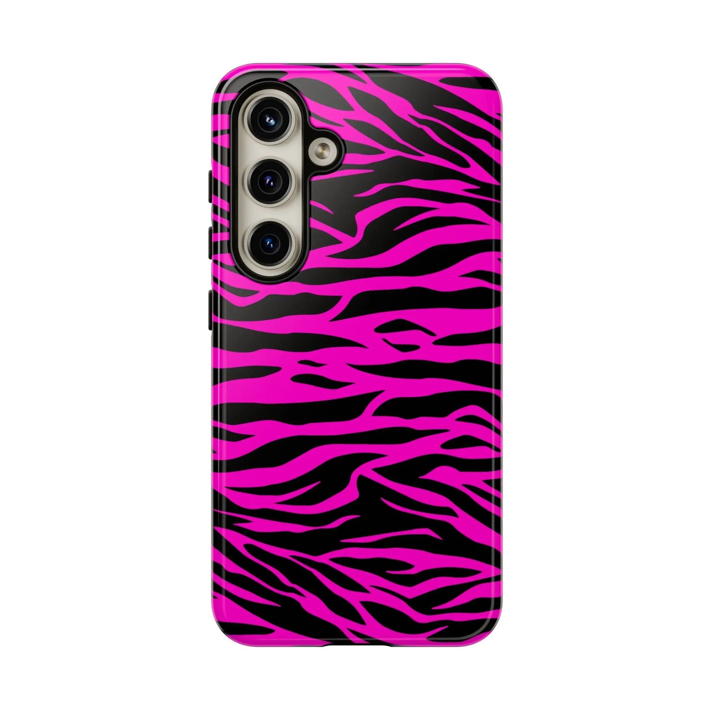 Vibrant pink and black zebra-striped tough phone case with glossy finish showing the back side of the phone case