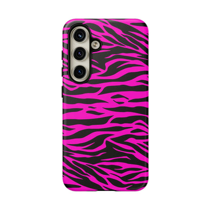 Back side of vibrant pink and black zebra-striped tough phone case with sleek glossy finish for tough phone protection
