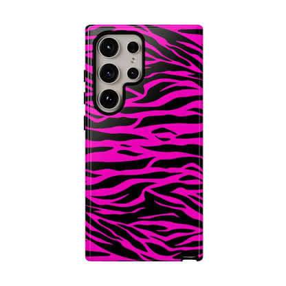 Vibrant pink and black zebra-striped tough phone case for samsung galaxy s21 ultra shown from the back side
