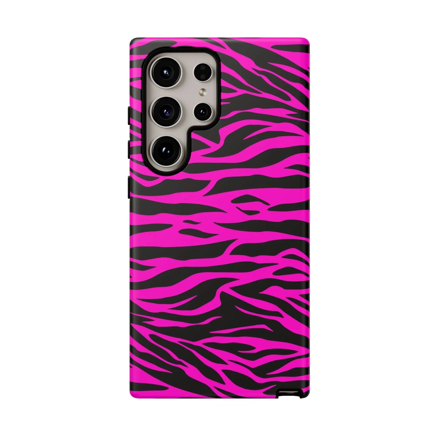 Back of vibrant pink and black zebra-striped tough phone case for samsung galaxy s23 ultra phone case design