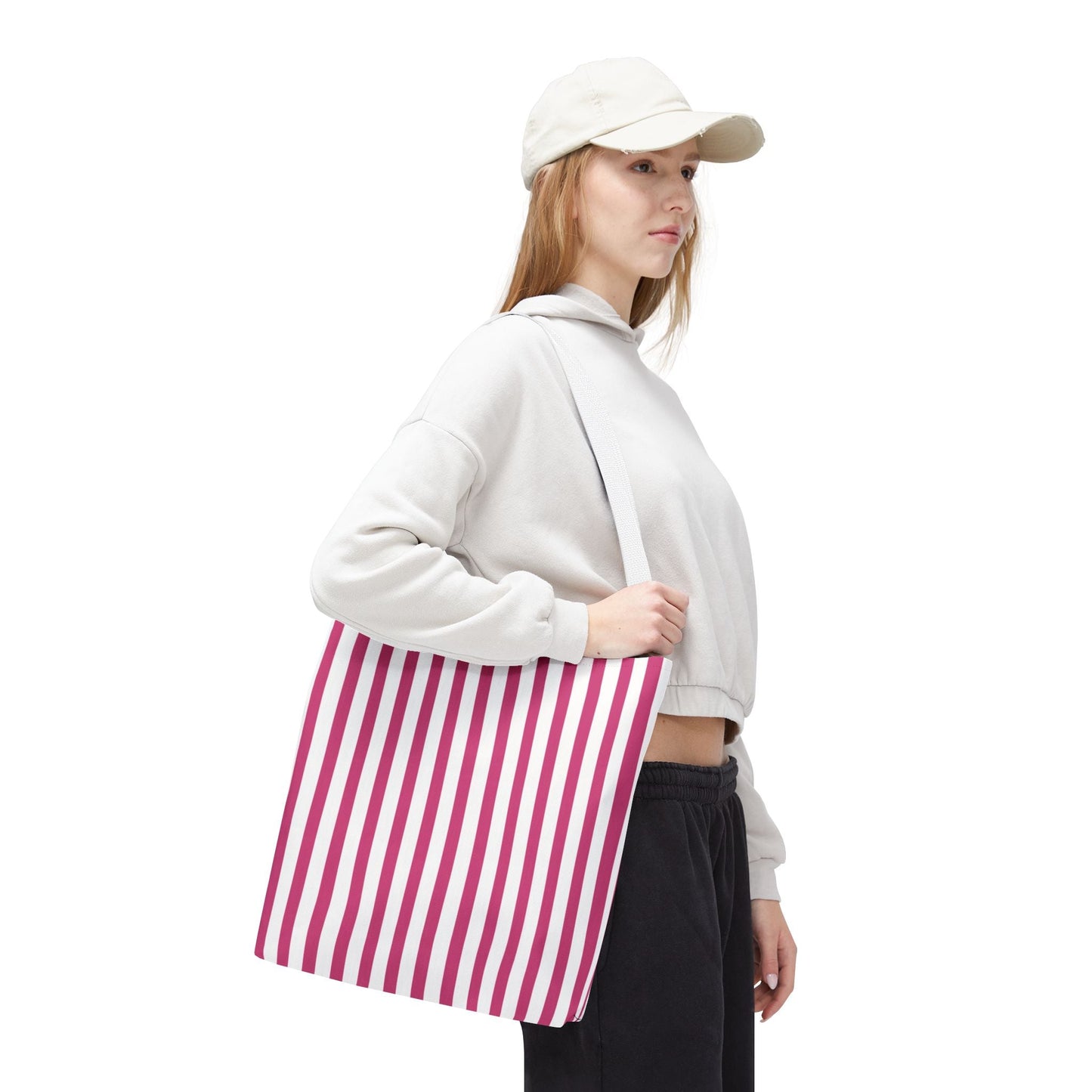 Pink Vertical Stripes Tote Bag | White or Black Handle All-Over Print - Bags