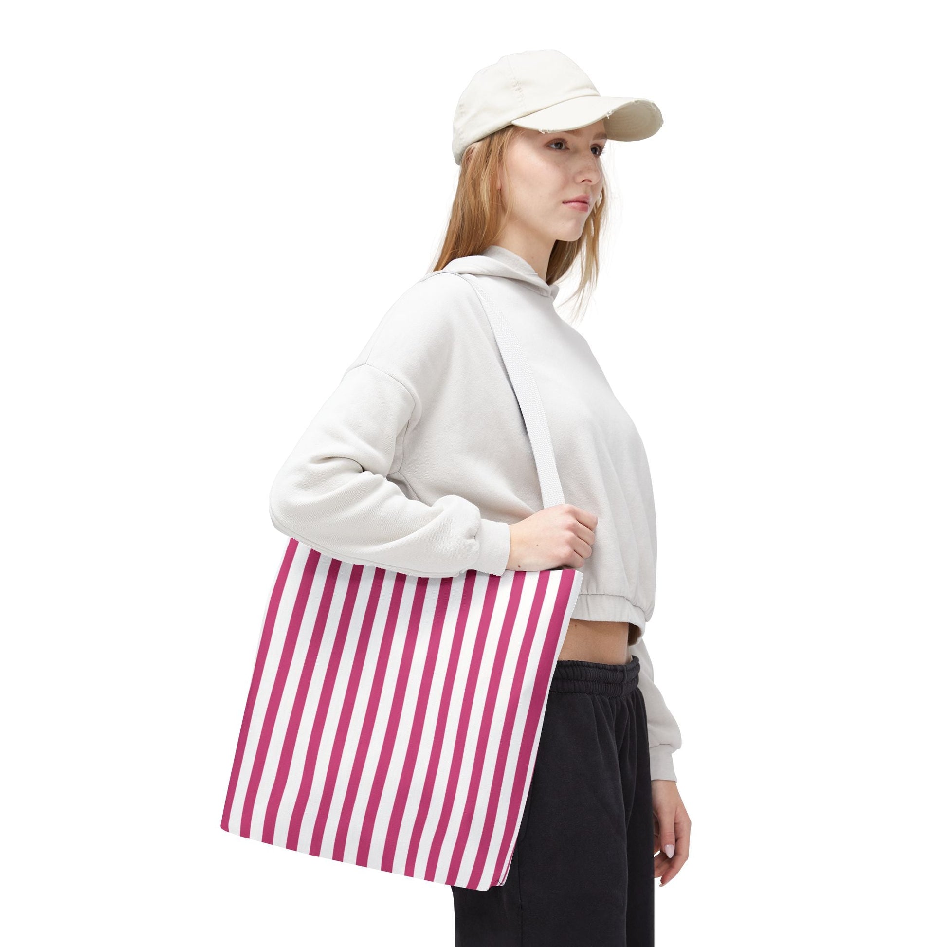 Pink Vertical Stripes Tote Bag | White or Black Handle All-Over Print - Bags