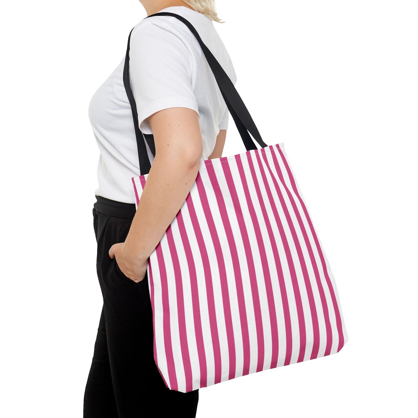 Pink Vertical Stripes Tote Bag | White or Black Handle All-Over Print - Bags
